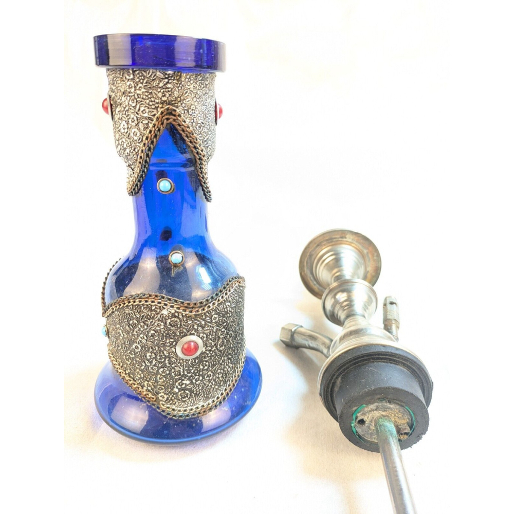 Vintage Hookah Base Cobalt Blue Glass w/ Ornate Chain Accents & Azure Blue Beads